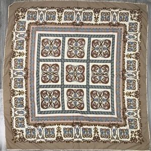 WOMENS SILK SCARF BOWN BAROQUE MOTIF HAND ROLLED HEM